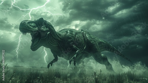 A T-Rex standing in a field during a lightning storm.