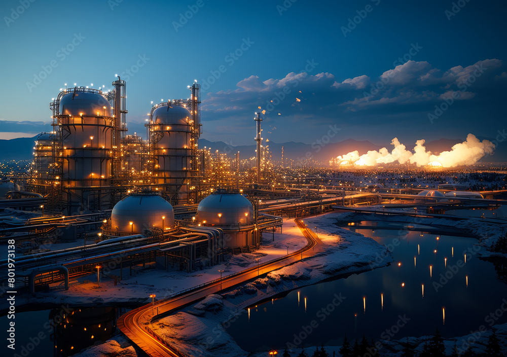 Vast Industrial LNG Complex with Massive Storage Tank for Liquified Natural Gas, Showcasing Energy Infrastructure Vast Industrial LNG Complex with Massive Storage Tank for Liquified Natural Gas, Showcasing Energy Infrastructure