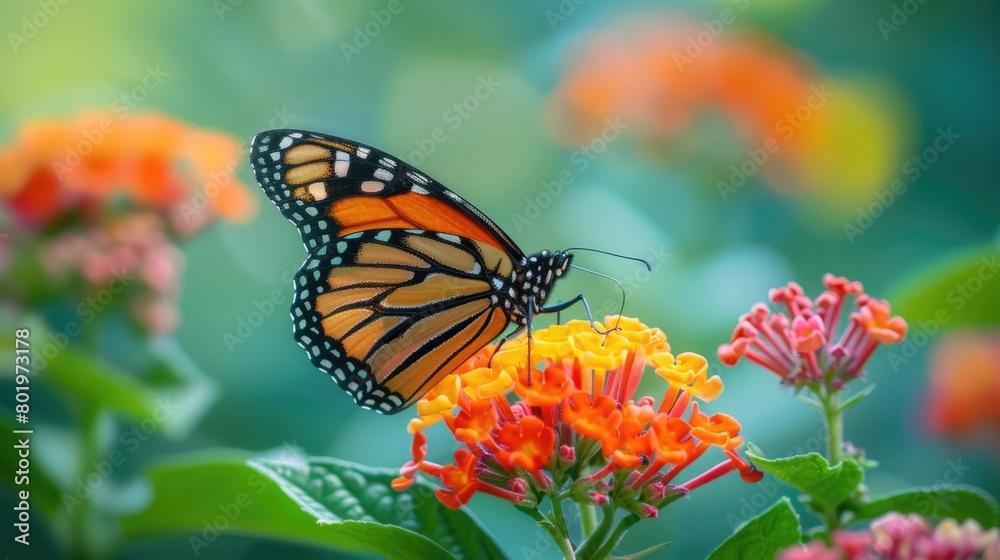 Close-up of a butterfly perched on vibrant flower petals, showcasing intricate details of its wings and the plants blooms. Close-up of a butterfly perched on vibrant flower petals, showcasing intricate details of its wings and the plants blooms.