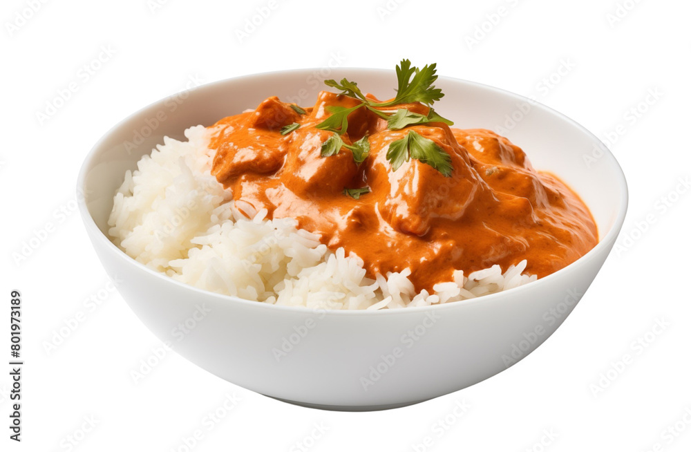 Chicken tikka masala over fluffy white rice in a bowl, garnished with a sprig of cilantro, a classic Indian dish. Generative AI Chicken tikka masala over fluffy white rice in a bowl, garnished with a sprig of cilantro, a classic Indian dish. Generative AI