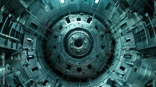 Close-up of the complex interior of a wind turbine  focusing on the gears and machinery