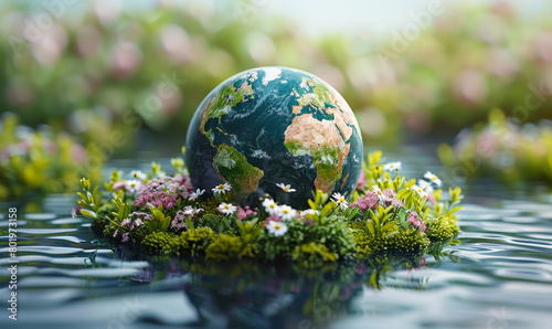 Water conservation and environmental awareness: Woman watering green globe, symbolizing sustainable living and eco-friendly practices