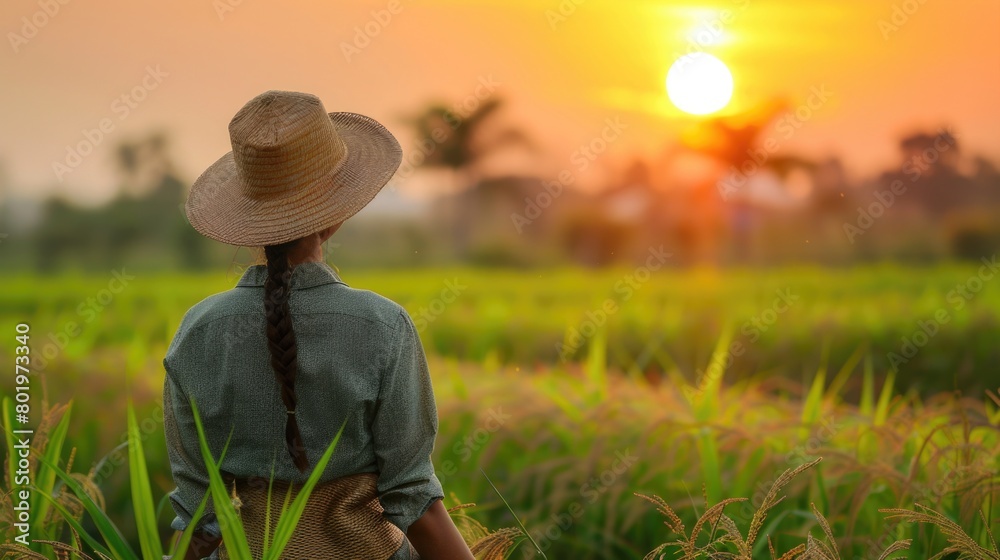 Woman watching sunset in field