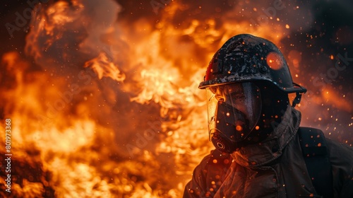 Firefighter in protective gear standing in front of a large fire