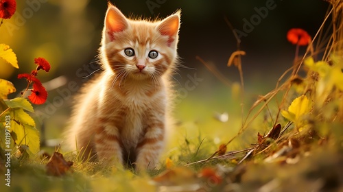 Cute red kitten sitting in the grass on a sunny autumn day