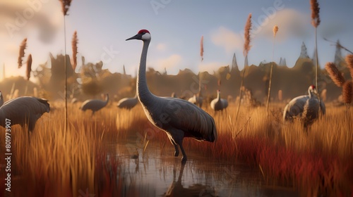 3D rendering of sandhill cranes in a lake at sunset photo