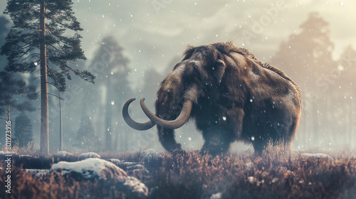 Woolly mammoth roaming a snowy tundra landscape