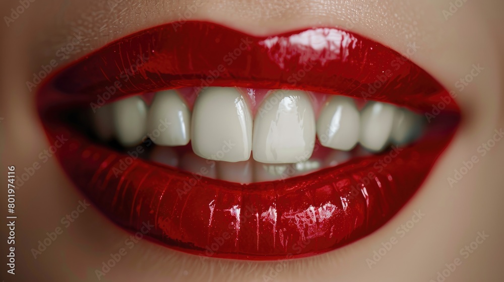 Obraz premium Close-up of womans mouth with red lipstick