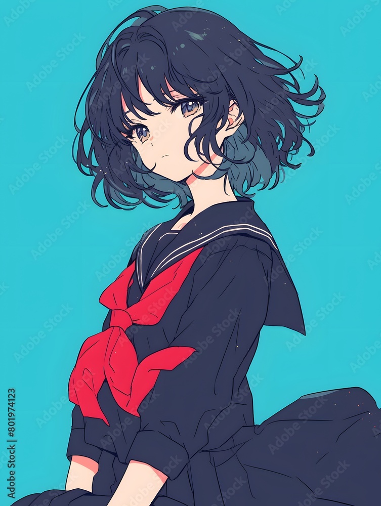 Anime style beautiful girl wearing a sailor suit on a simple one color