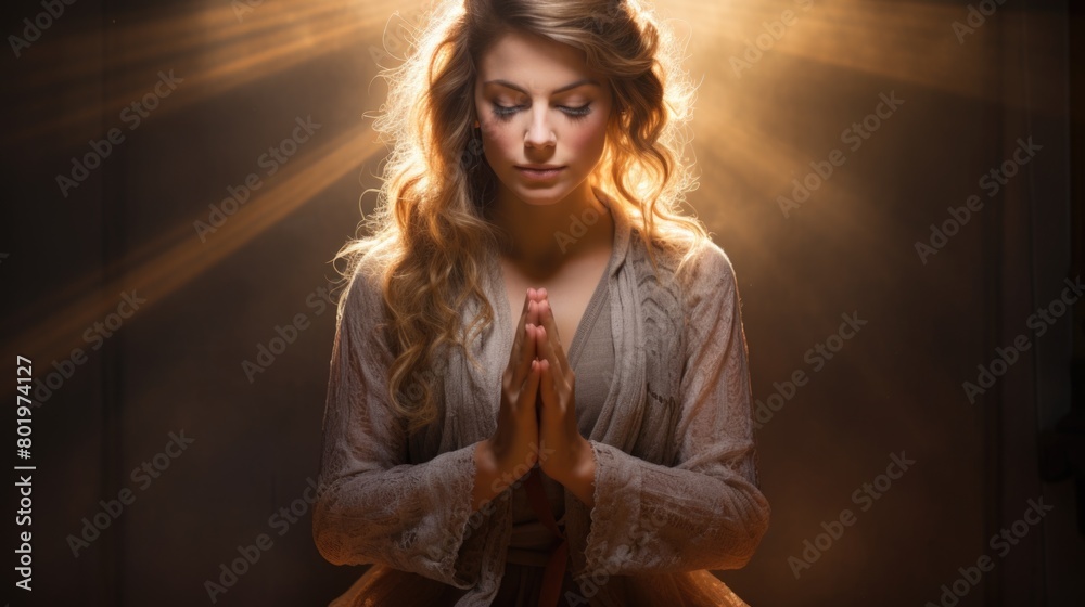 A woman stands in front of a window in a room and prays A woman stands in front of a window in a room and prays