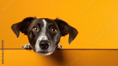 Small brown and black dog peeking over wall photo