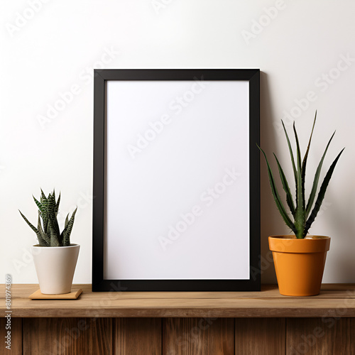 A Dark modern blank picture frame on a shelf
