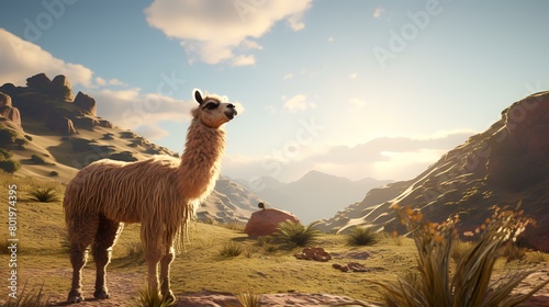 Llama in the desert. 3D rendering. Digital illustration.