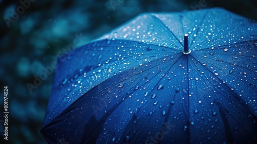 Person holding blue umbrella in rain