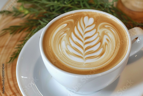 Show the frothy texture of a latte art design, super realistic