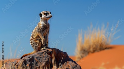 A watchful meerkat perched atop a rock, scanning the horizon under the harsh desert sun. 