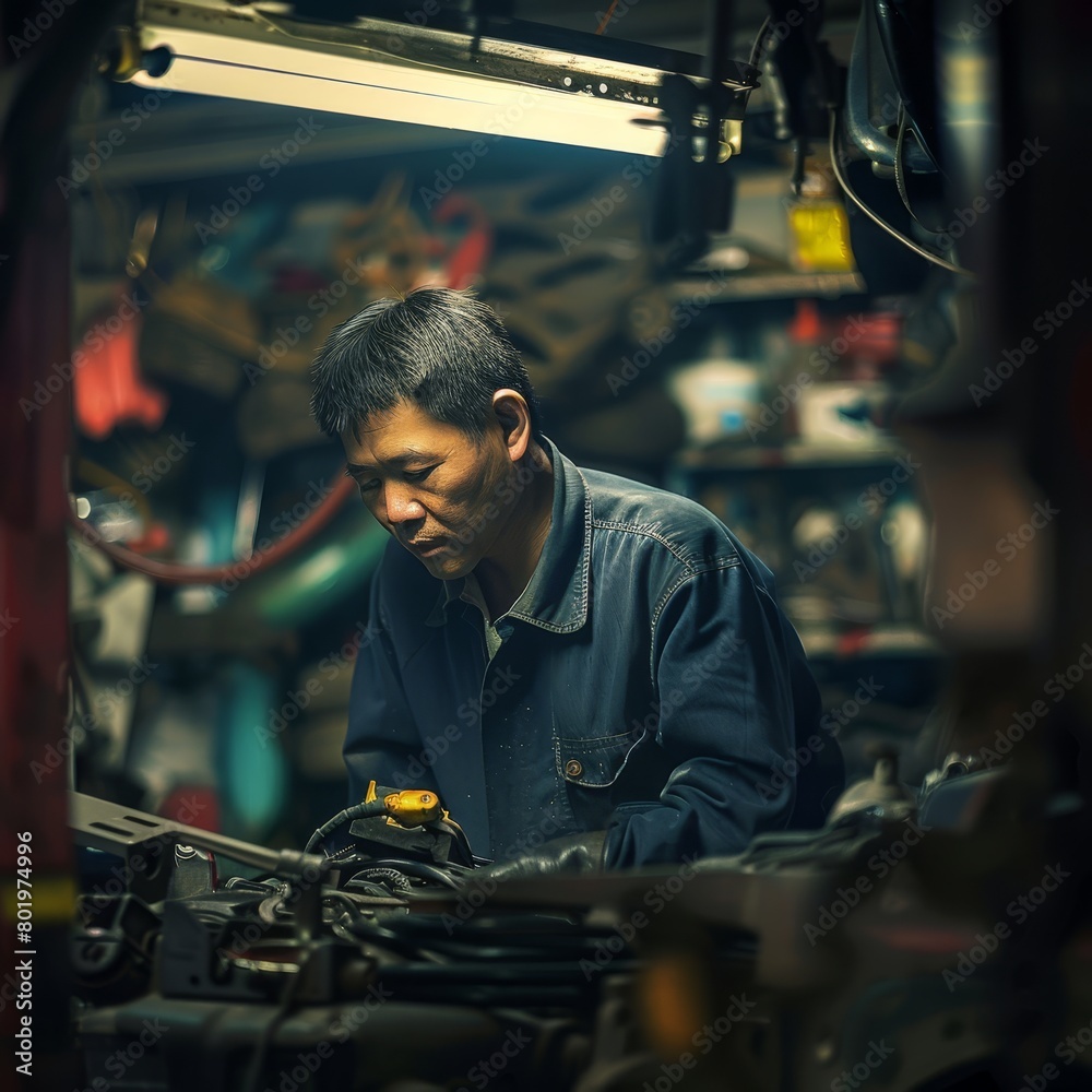 An Asian mechanic in a garage, tools and car parts blurred in the background as he works on a vehicle. An Asian mechanic in a garage, tools and car parts blurred in the background as he works on a vehicle.