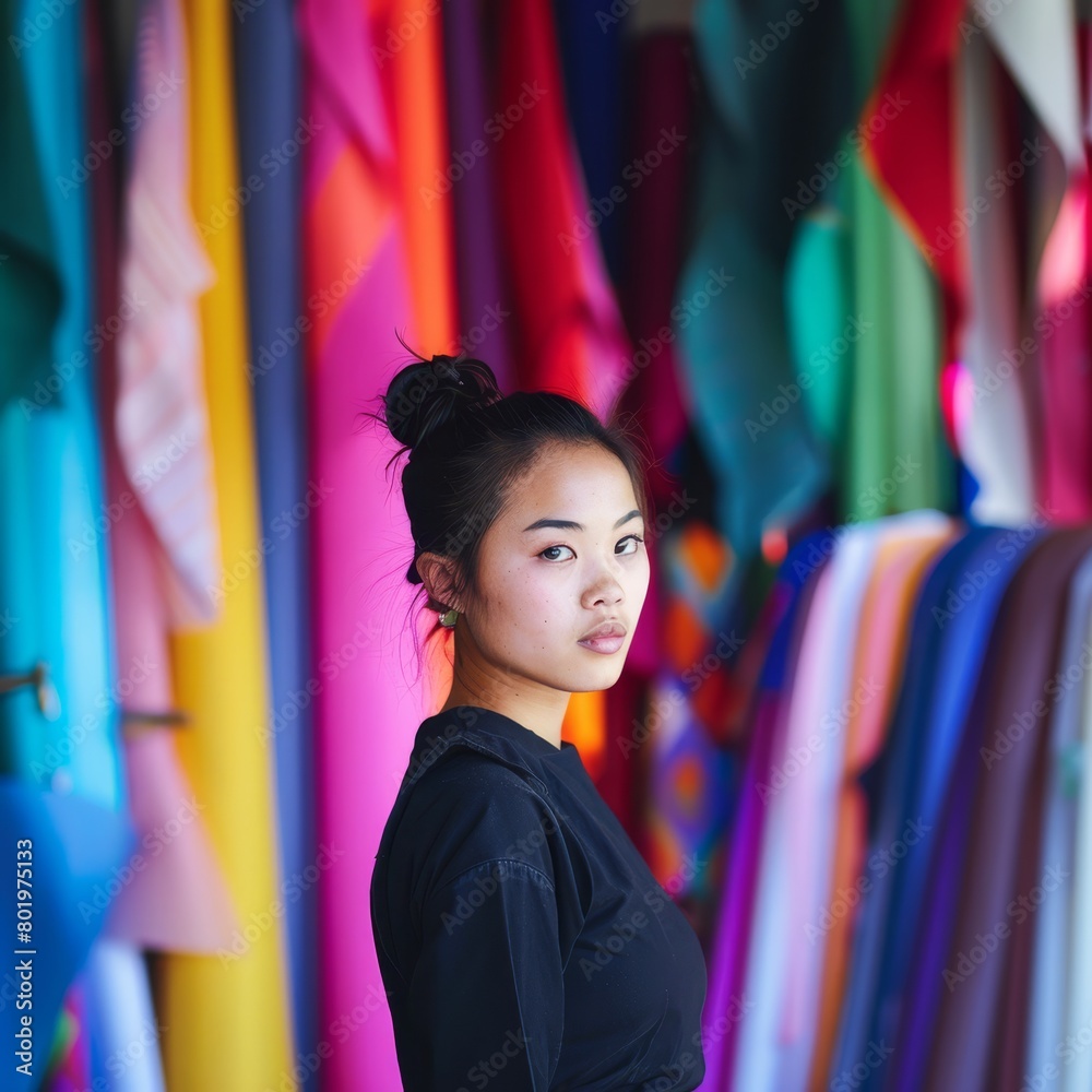 A young Asian fashion designer in a studio, rolls of vibrant fabric blurred in the backdrop.