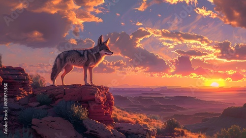 A wily coyote standing on a rocky outcrop  with the backdrop of a vibrant sunset over the desert landscape. 
