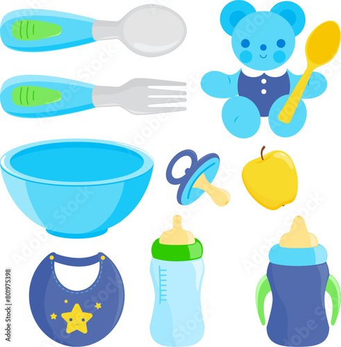 Baby food utensils set. Spoon and fork for babies, tableware set with milk bottles. Vector illustration collection