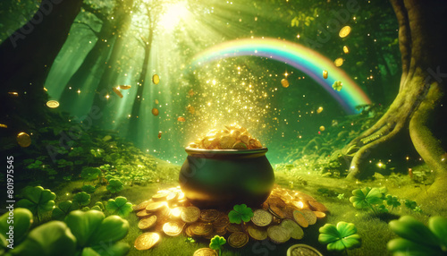 A 3D-rendered of a magical scene with a pot of gold at the end of a rainbow. The pot is overflowing with glittering gold coins