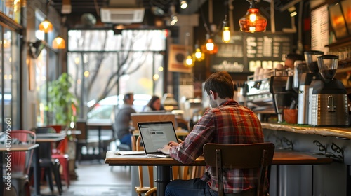 Man with laptop in a cozy coffee shop