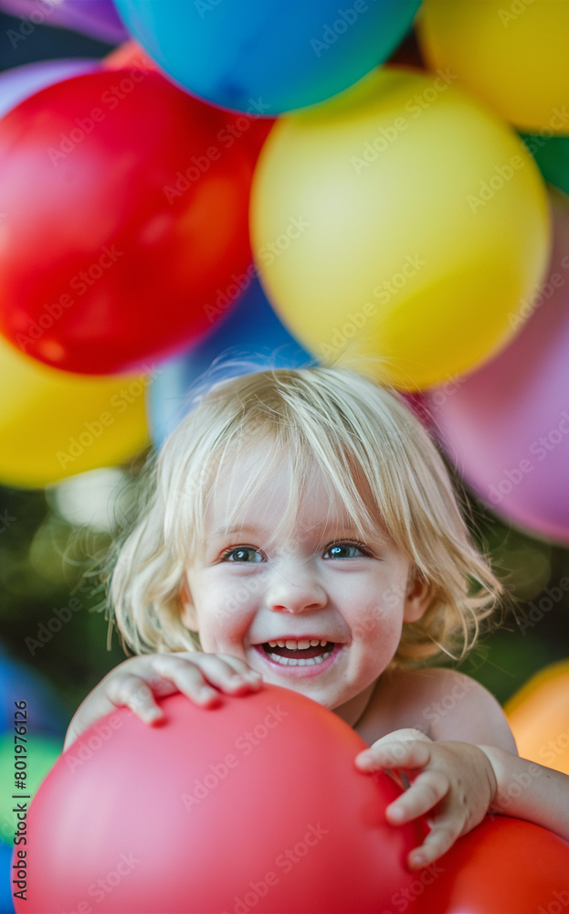 Obraz premium Observe a precious moment captured as a child plays with colorful balloons. 