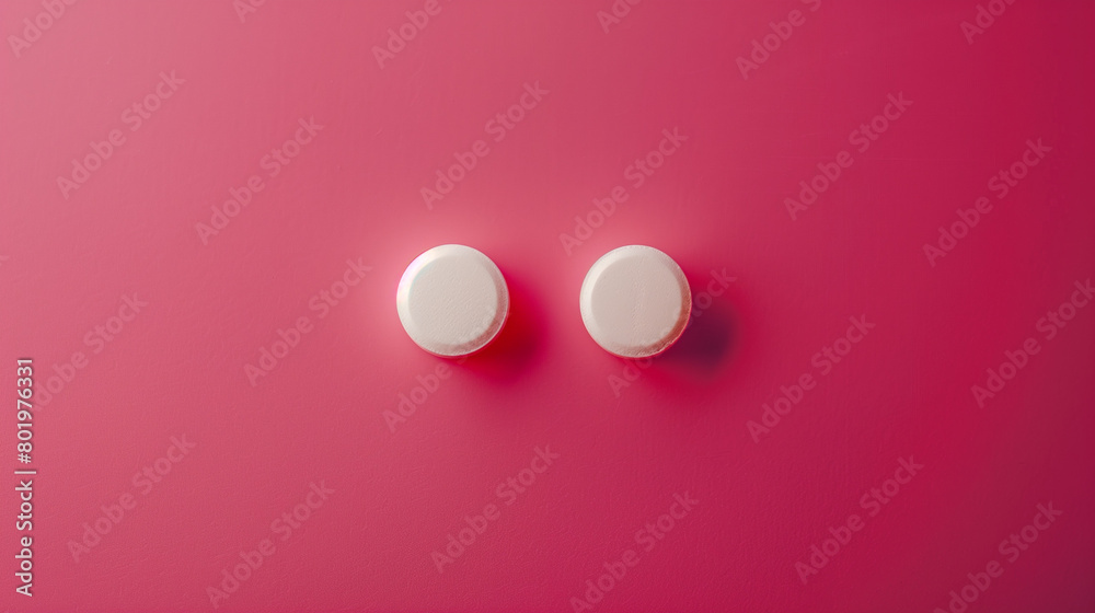 A visually captivating image featuring two pills arranged in a top view position on a light red background, with a vibrant pop art style. The bold colors of the pills contrast strikingly against