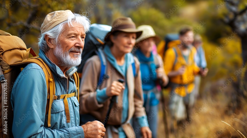Senior hiking group a group of active seniors hiking. Generative ai illustration. Senior hiking group a group of active seniors hiking. Generative ai illustration.
