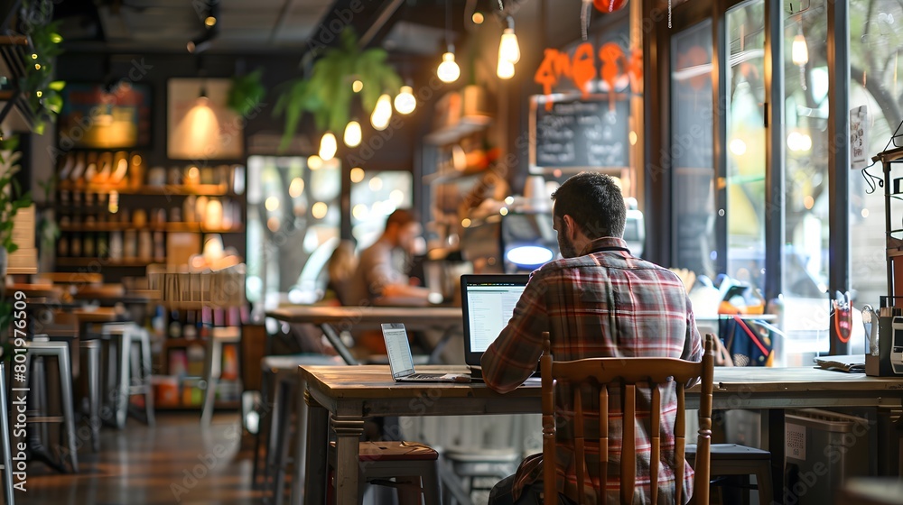 Fototapeta premium Man working on laptop in a cozy cafe