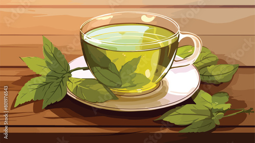 Cup of green tea with herbs on table Vector illustration