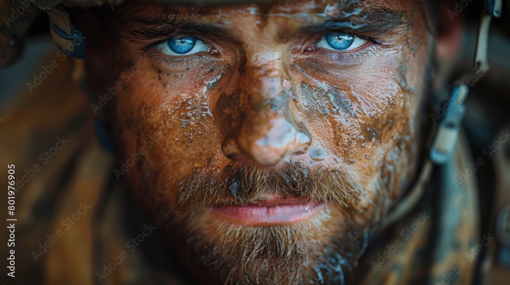 Close up on face of soldier's portrait, showcasing the physical and emotional toll of enduring hardships on the frontline. Close up on face of soldier's portrait, showcasing the physical and emotional toll of enduring hardships on the frontline.
