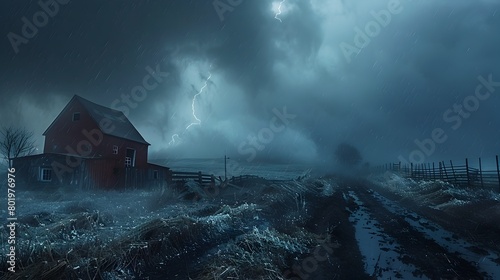 A Dramatic Storm Envelops a Resilient Farmstead in the Countryside Capturing the Raw Power of Nature