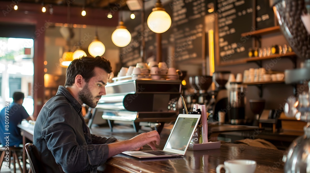 Man working on laptop in a cozy coffee shop Man working on laptop in a cozy coffee shop