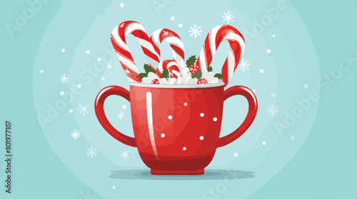 Cup with candy canes on color background Vector illustration