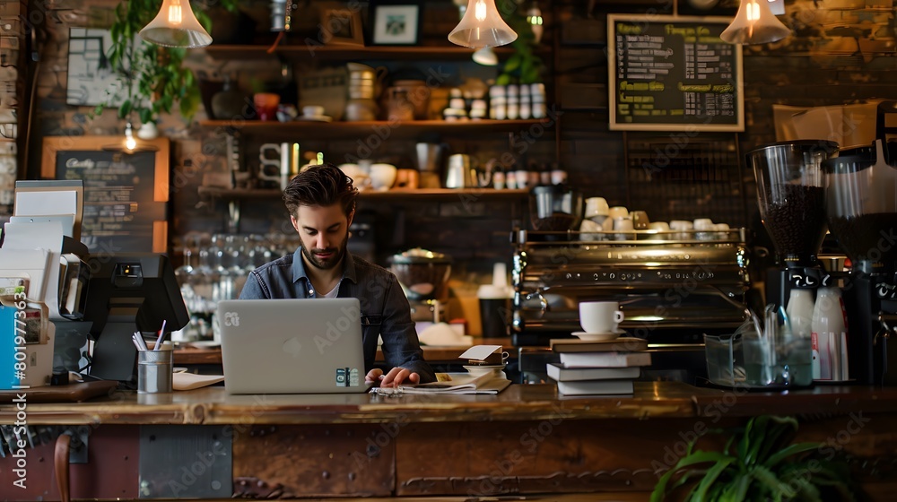 Man working on laptop in cozy café