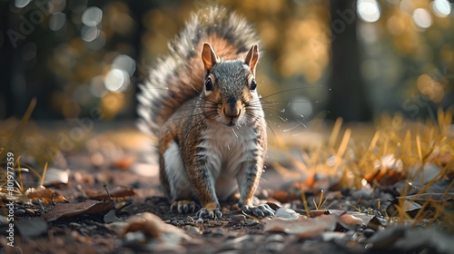 A squirrel on the ground, in front of it is grass and tree trunks, its tail raised high, its eyes focused on the camera, dark background, wideangle lens, natural light, brown fur, chubby body shape photo