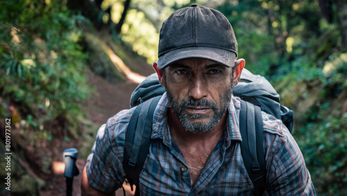 See a person hiking in the lush greenery of a forest. 