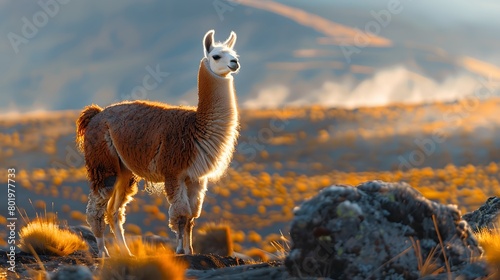 8K wallpaper of a llama standing on an Andean plateau at sunrise. Focus on the llama   s fur and eyes  with a blurred background of mountains and mist  captured in the warm morning light