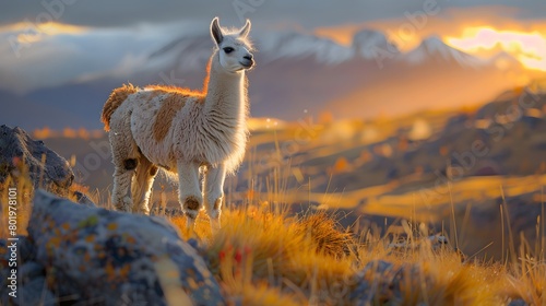 8K wallpaper of a llama standing on an Andean plateau at sunrise. Focus on the llama’s fur and eyes, with a blurred background of mountains and mist, captured in the warm morning light photo
