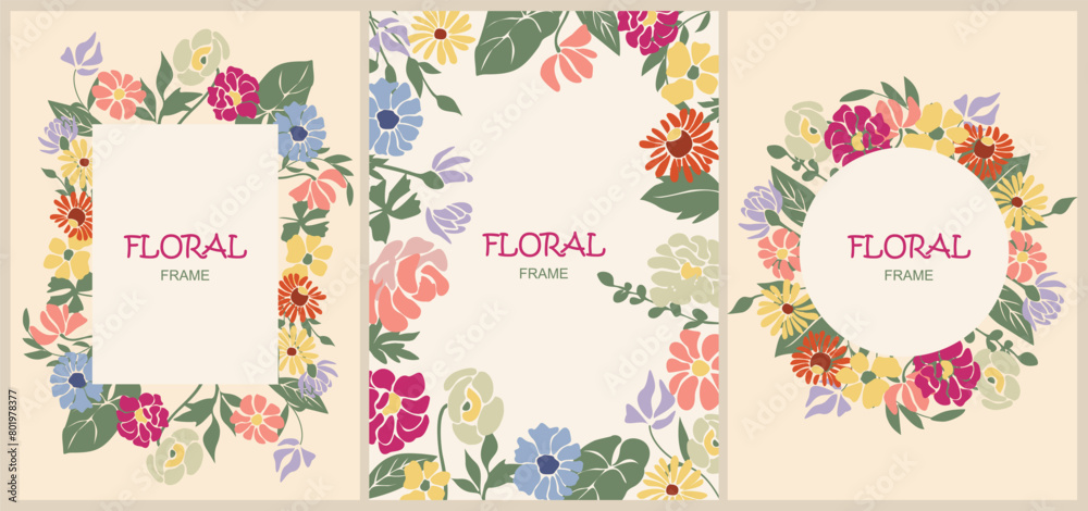 Set of floral frames for cards, invitations, banner. Colorful flat vector illustrations isolated on neutral beige background.