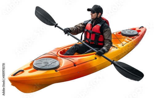 Man kayaking in orange kayak with paddles, cut out - stock png.
