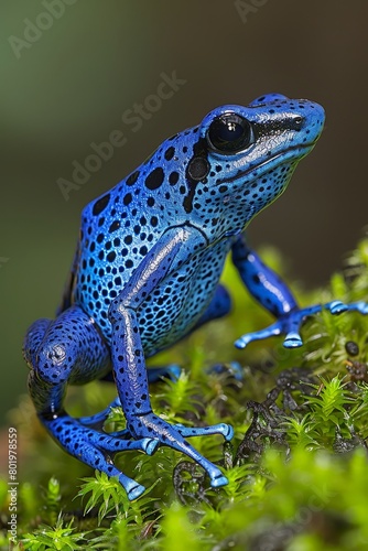Vivid blue dart frog dendrobates tinctorius azureus on lush moss in close up view