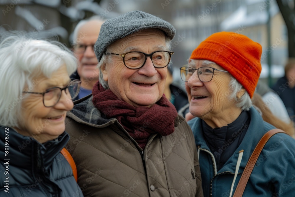 Smiling elderly people in hats and scarves. Smiling elderly people in hats and scarves.