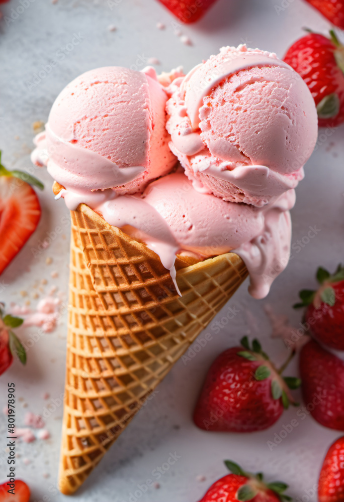 Stawberry ice cream in waffle cone Stawberry ice cream in waffle cone