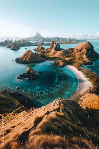 Panoramic island view with green hills, sandy beaches in unique shape, from mountain top at dawn
