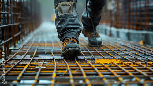 Close up of worker walking on metal platform at construction site  photo