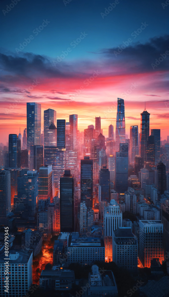 Fototapeta premium A striking view of an urban skyline during sunset, featuring tall skyscrapers with their windows reflecting the radiant hues of the sunset