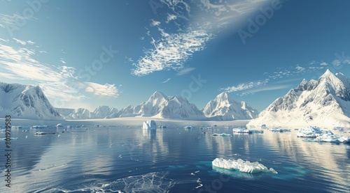   A collection of icebergs afloat in a watery expanse, encircled by snow-capped mountains and scattered ice floes photo