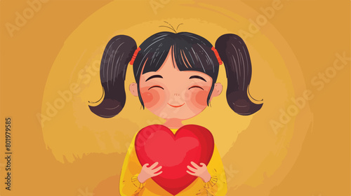 Cute little Asian girl with red heart on yellow background
